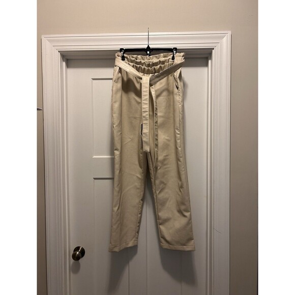 Bagatelle Women’s Faux Leather High Paper bag Waist Pant Size Large Cream Pocket - Picture 1 of 6